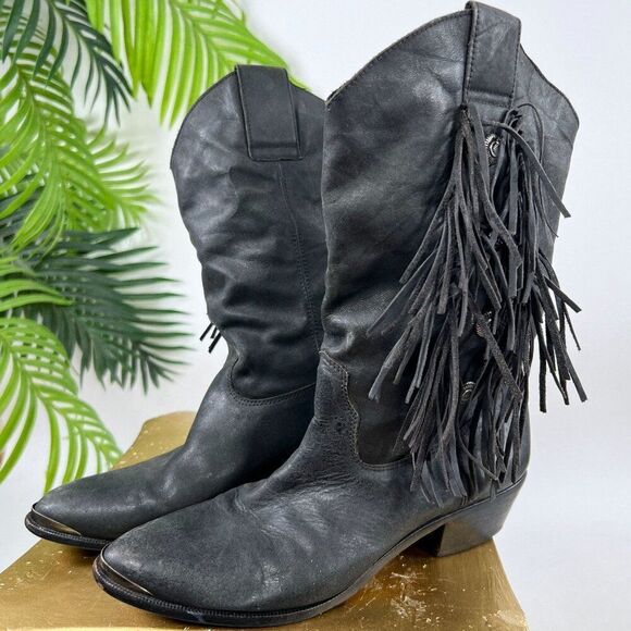 Women's Vintage 90s Black Cowgirl Western Biker Fringe Leather Boots / 8 - Picture 3 of 11